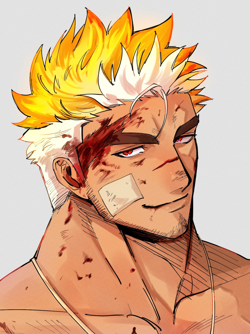 1boy bandaid bandaid_on_cheek bandaid_on_face bara beard_stubble blood blood_on_face bruise collarbone dark-skinned_male dark_skin doku_(hitori_ox) facial_hair highres huge_eyebrows injury looking_at_viewer male_focus multicolored_hair nude orange_hair portrait short_hair sideburns smug solo stubble thick_eyebrows tokyo_afterschool_summoners ulaanbaatar_(housamo) undercut upper_body