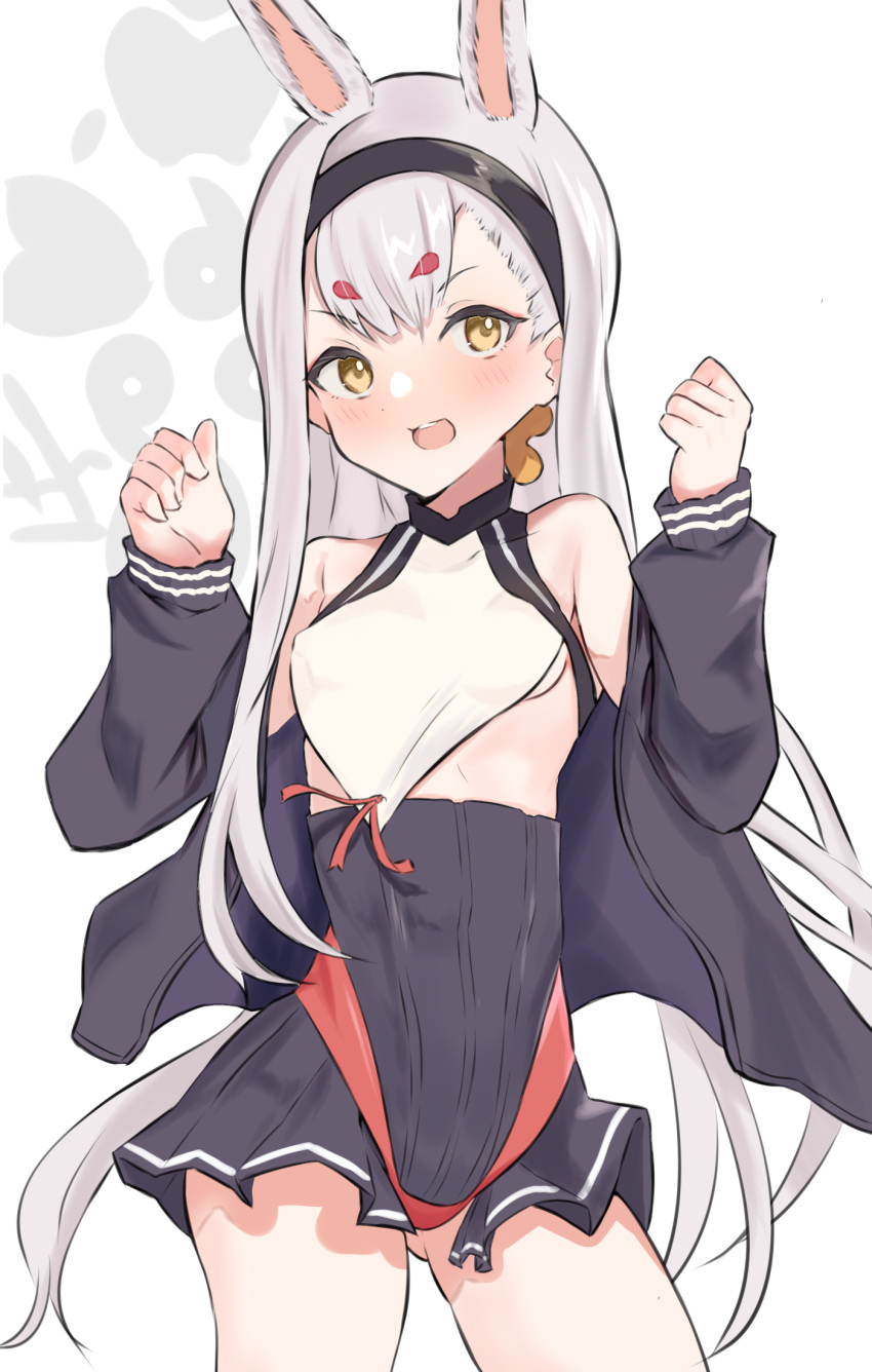 animal_ears arms_up ass_visible_through_thighs azur_lane bikini bikini_bottom_only bikini_over_clothes black_jacket black_skirt breasts brown_eyes commentary_request female hairband highres jacket kaito_(kaito921125) long_hair off_shoulder open_mouth partial_commentary rabbit_ears red_bikini shimakaze_(azur_lane) skirt small_breasts smile solo swimsuit swimsuit_over_clothes thighs very_long_hair white_hair