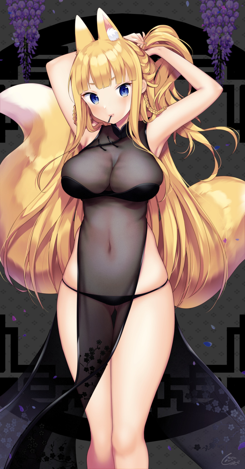 animal_ears armpits arms_up ass_visible_through_thighs bare_arms bare_shoulders black_bra black_dress black_panties blonde_hair blue_eyes blurry blurry_background blush bra braid breasts china_dress chinese_clothes cleavage closed_mouth dress feet_out_of_frame female floral_print flower fox_ears fox_girl fox_tail grey_background hair_ornament hairclip highres holding holding_own_hair large_breasts light_smile lipstick long_hair looking_at_viewer makeup micro_panties miyano_ururu mouth_hold multiple_tails navel original panties pelvic_curtain purple_flower revealing_clothes see-through side_braid skindentation sleeveless sleeveless_dress solo standing tail thigh_gap toggles twin_braids two_tails tying_hair underwear unworn_hair_ornament unworn_hairclip very_long_hair wisteria