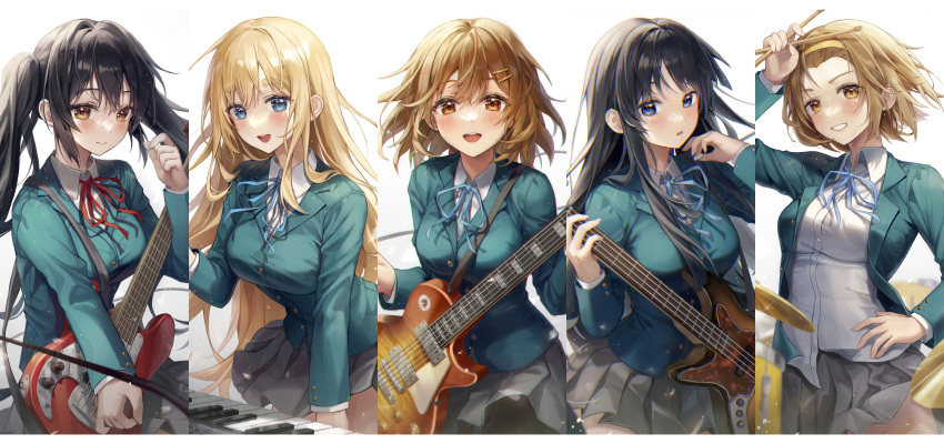 5girls :d :o absurdres adjusting_hair aibek akiyama_mio band bass_guitar black_eyes black_hair black_pantyhose blazer blonde_hair blue_bow blue_bowtie blue_eyes blue_jacket blue_ribbon blush bob_cut bow bowtie breasts brown_eyes brown_hair buttoned_cuffs buttons chromatic_aberration closed_mouth collared_shirt cowboy_shot dot_nose drum drum_set drumsticks electric_guitar fender_jazz_bass fender_mustang floating_hair gibson_les_paul gradient_background green_jacket grey_skirt grin guitar hair_between_eyes hair_ornament hairband hairclip hand_on_own_hip highres hime_cut hirasawa_yui holding holding_drumsticks holding_instrument instrument jacket k-on! keyboard_(instrument) korg_triton kotobuki_tsumugi large_breasts leaning_forward light_smile long_hair long_sleeves looking_at_viewer medium_breasts medium_hair miniskirt multiple_girls music nakano_azusa neck_ribbon neckerchief open_clothes open_jacket open_mouth pantyhose piano pleated_skirt plectrum red_neckerchief ribbon sakuragaoka_high_school_uniform school_uniform serafuku shirt short_hair skirt small_breasts smile tainaka_ritsu teeth tongue twintails untucked_shirt upper_body white_background white_shirt winter_uniform yellow_eyes yellow_hairband