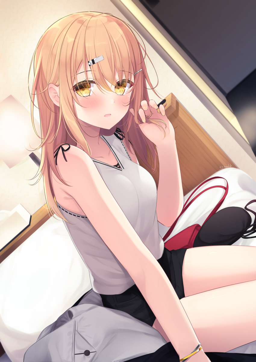 adjusting_hair bag bed bed_sheet black_skirt blonde_hair blush bracelet commentary_request desk desk_lamp dutch_angle female hair_ornament hand_in_own_hair highres jacket jewelry lamp long_hair looking_at_viewer miniskirt on_bed open_mouth original pillow sasahara_wakaba sitting skirt solo tank_top white_tank_top yellow_eyes