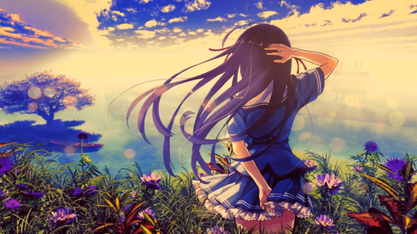 back cloud cloudy_sky facing_away female flower grass horizon koga_sayoko long_hair misaki_kurehito non-web_source school_uniform sky solo source_request suiheisen_made_nan_mile? third-party_edit tree