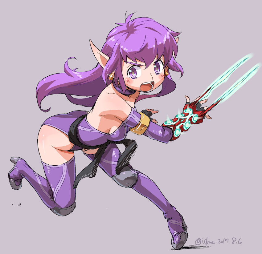 bare_shoulders breasts choker earrings elbow_gloves female fingerless_gloves full_body gloves highres isedaichi_ken jewelry leotard long_hair looking_at_viewer nei open_mouth phantasy_star phantasy_star_ii pointy_ears purple_eyes purple_hair purple_leotard simple_background solo thighhighs weapon