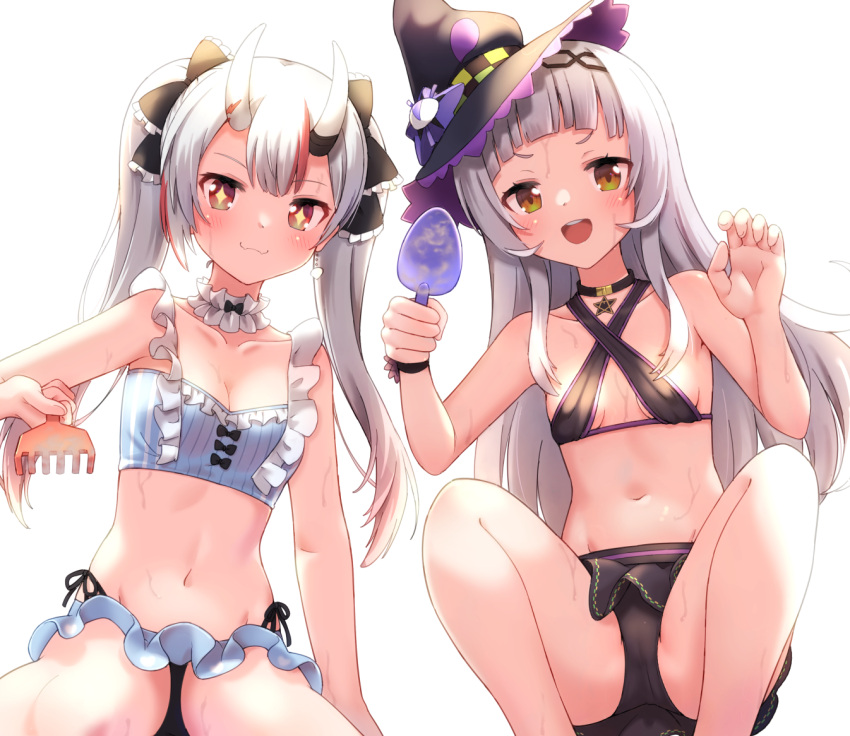 +_+ 2girls :d backlighting bare_arms bare_shoulders bikini black_bikini black_bow black_choker black_headwear blue_bikini blush bow breasts brown_eyes brown_hair choker cleavage collarbone commentary_request criss-cross_halter faubynet frilled_bow frills grey_hair hairbow halterneck hands_up hat holding hololive horns long_hair md5_mismatch multicolored_hair multiple_girls murasaki_shion murasaki_shion_(hololive_summer_2019) nakiri_ayame nakiri_ayame_(hololive_summer_2019) navel official_alternate_costume oni open_mouth red_eyes red_hair revision simple_background sitting skin-covered_horns small_breasts smile squatting star_(symbol) stomach streaked_hair striped_bikini striped_clothes sweat swimsuit teeth tilted_headwear trowel twintails upper_teeth_only vertical-striped_bikini vertical-striped_clothes virtual_youtuber white_background witch_hat