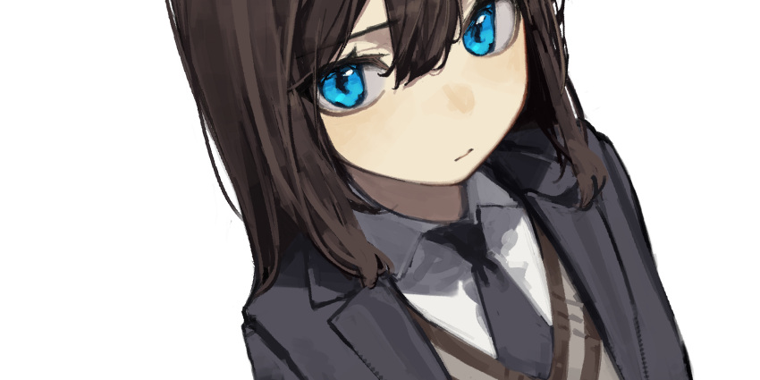 bad_id bad_twitter_id black_jacket black_necktie blue_eyes brown_hair closed_mouth collared_shirt female hair_between_eyes highres jacket long_hair looking_at_viewer necktie original shirt simple_background solo upper_body white_background white_shirt yoon_cook