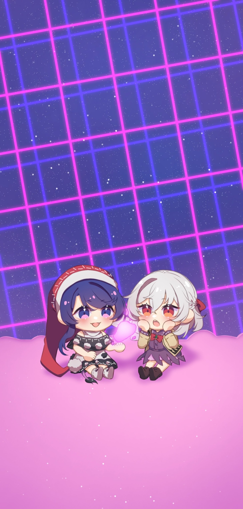 2girls :o absurdres black_capelet blue_eyes blue_hair blush blush_stickers bow bowtie braid capelet chibi doremy_sweet dream_soul dream_world_(touhou) dress eyelashes french_braid hair_ribbon highres kishin_sagume long_sleeves multiple_girls open_mouth pom_pom_(clothes) purple_dress red_bow red_bowtie red_eyes red_ribbon ribbon sakikagami short_hair tail tapir_tail touhou white_footwear white_hair