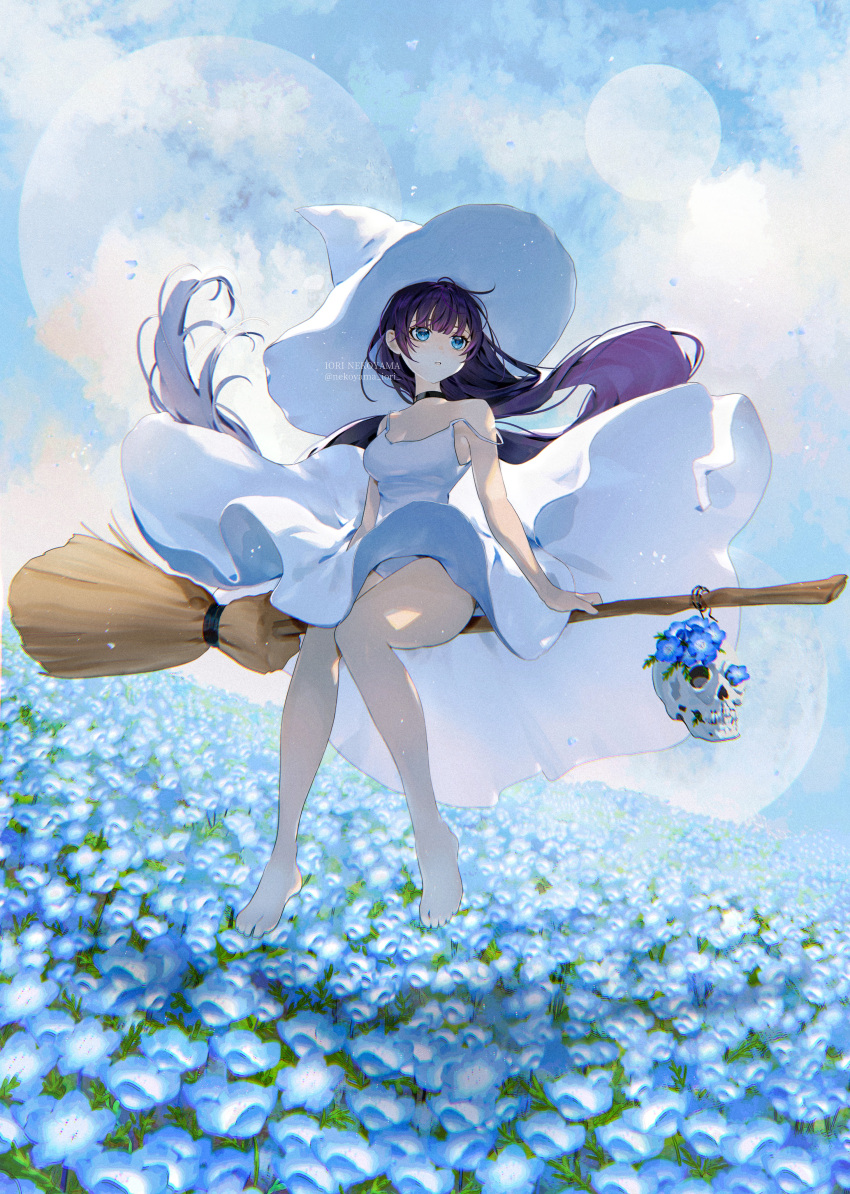 absurdres bare_arms bare_legs barefoot blue_eyes blue_flower broom broom_riding cloud commentary dress female field floating_hair flower flower_field full_body hat highres long_hair looking_away multiple_moons nekoyama_iori nemophila_(flower) original outdoors purple_hair skull sky sleeveless sleeveless_dress solo strap_slip symbol-only_commentary very_long_hair white_dress white_hat witch_hat