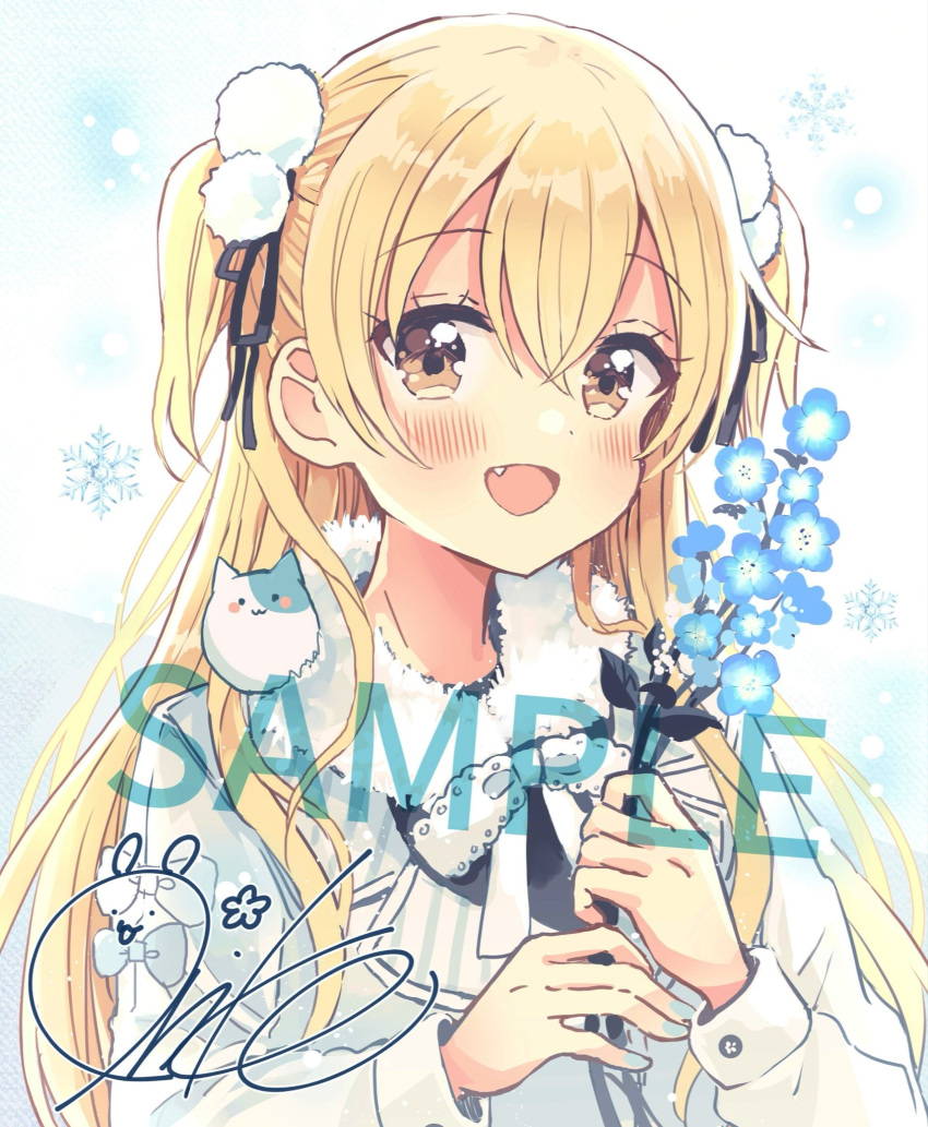 :d black_ribbon blonde_hair blue_flower blush brown_eyes commentary_request female flower fur_collar hair_between_eyes hair_ornament hair_ribbon highres holding holding_flower jacket long_hair long_sleeves looking_at_viewer nemophila_(flower) oerba_yun_fang pom_pom_(clothes) pom_pom_hair_ornament ribbon sakura_oriko sample_watermark signature smile snowflakes solo swing!! two_side_up upper_body very_long_hair watermark white_jacket yokomine_ibuki