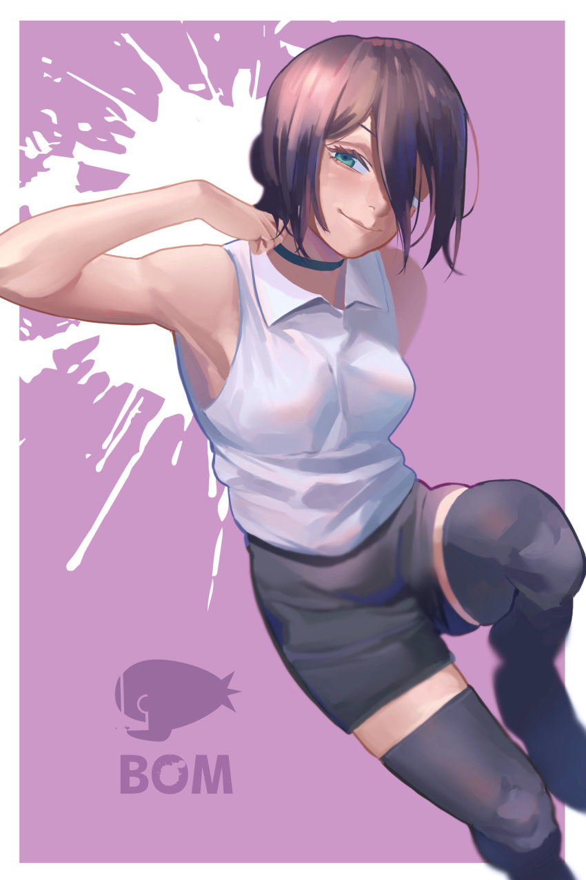 absurdres arm_up bare_arms bare_shoulders black_choker black_hair black_shorts black_thighhighs blue_eyes bomb_devil_(chainsaw_man) breasts chainsaw_man choker collared_shirt female hair_between_eyes hair_bun hair_over_one_eye highres looking_at_viewer looking_up medium_breasts medium_hair one_eye_covered reze_(chainsaw_man) riki_(riki_unc) shirt shorts simple_background single_hair_bun sleeveless sleeveless_shirt smile solo thighhighs white_shirt