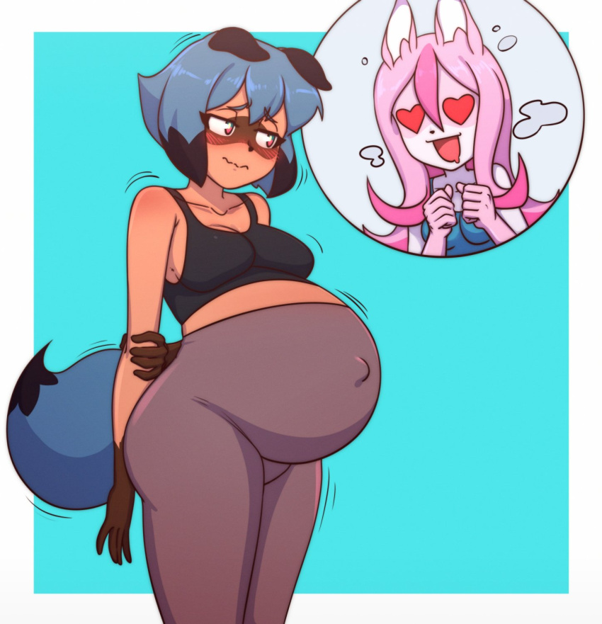 anthro belly big_belly black_hair blue_hair blush brand_new_animal breasts canid canine clothing dress duo female fox fur hair heart_after_text heart_symbol hi_res long_hair mammal michiru_kagemori nazuna_hiwatashi nervous open_mouth pink_hair pregnant pregnant_anthro pregnant_female procyonid raccoon raccoon_dog shaking short_hair simple_background studio_trigger tanquito tanuki white_body white_fur