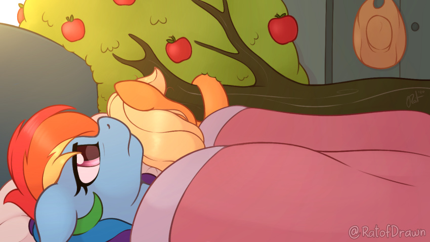 16:9 2020 ah_yes._me._my_girlfriend. applejack_(mlp) bed blonde_hair digital_media_(artwork) duo equid equine friendship_is_magic furniture hair hasbro hi_res horse infidelity mammal meme multicolored_hair my_little_pony on_bed pink_eyes plant pony rainbow_dash_(mlp) rainbow_hair ratofdrawn tree under_covers widescreen