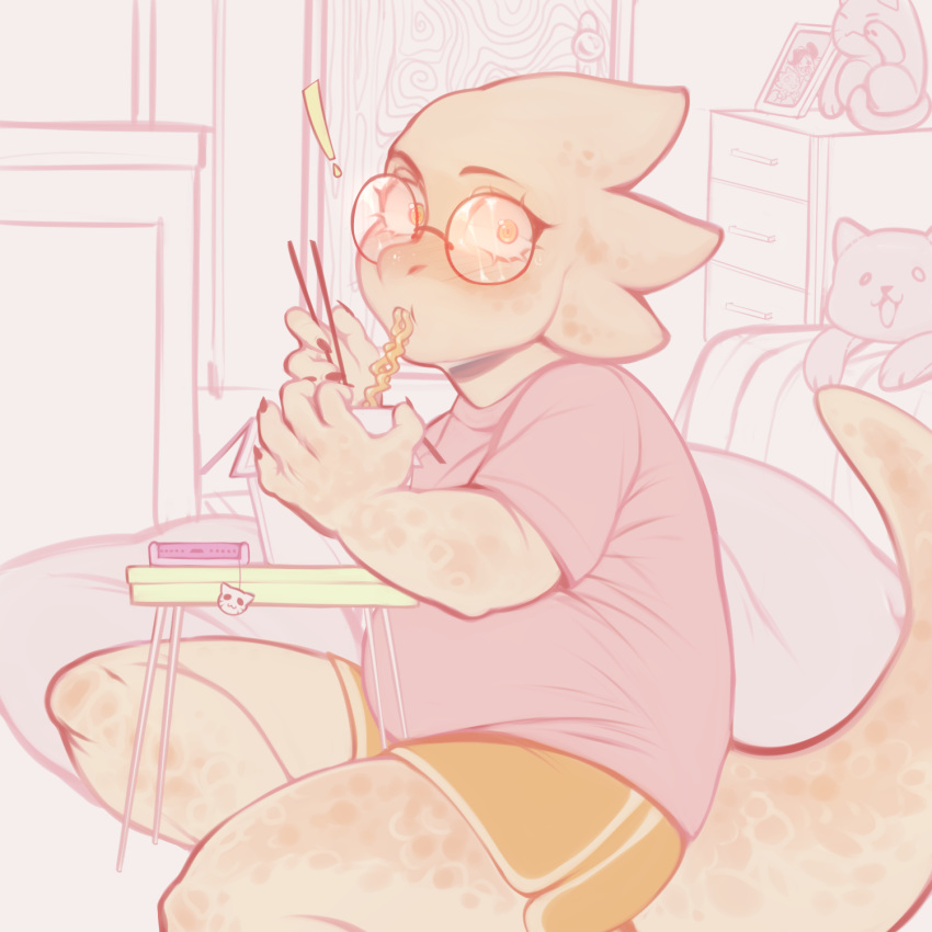 1:1 alphys anthro bedroom belly black_nails blush bottomwear breasts chopsticks clothing colored_nails detailed_background dolphin_shorts eating electronics exclamation_point eyewear female food glasses hi_res holding_chopsticks holding_object inside looking_at_viewer nails non-mammal_breasts noodles phone ramen reptile scales scalie shirt shorts sitting slightly_chubby slightly_chubby_female solo surprise tail thick_tail topwear undertale undertale_(series) wide_eyed xsissa yellow_body yellow_scales