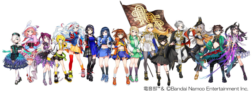 6+girls abeno-shakuji-maya absurdres aiguillette animal_ears animal_hands animal_hat animal_hood aqua_gloves artist_request asymmetrical_legwear baggy_pants bandaid bandaid_on_knee bandaid_on_leg belt black_belt black_cape black_choker black_dress black_footwear black_hair black_headwear black_jacket black_pants black_shorts black_skirt black_socks blonde_hair blue_dress blue_eyes blue_footwear blue_hair blue_jacket blue_skirt blunt_bangs blush bow bracelet braid brown_hair cape cat_ears cat_hat choker closed_mouth collaboration copyright_notice corset crop_top cropped_jacket demon_horns denonbu detached_collar double_bun dress epaulettes everyone fake_animal_ears fake_wings feathered_wings flag fox_mask frown full_body fur_collar gloves gold_trim green_eyes green_footwear green_jacket green_skirt grey_eyes grey_hair grey_pantyhose hag_(hag_015) haijima_ginka hair_between_eyes hair_bun hair_ears hair_ornament hairbow hairclip hand_on_own_face hand_on_own_hip hand_up hat headphones headphones_around_neck hidaka_reina_(denonbu) high_heels highres holding holding_flag hood hood_up horns houou_karin inubousaki_shian jacket jewelry kayano_futaba kneehighs kurogane_tama lineup logo long_hair long_sleeves looking_at_viewer low_twintails mask mask_on_head midriff mika_pikazo_(style) minakami_hina multicolored_hair multiple_girls nail_polish nurse_cap official_alternate_costume official_art ogami_matoi open_clothes open_jacket open_mouth orange_footwear orange_hair orange_jacket own_hands_together pants pantyhose paw_gloves pink_eyes pink_footwear pink_gloves pleated_skirt pumps purple_dress purple_eyes purple_footwear purple_hair purple_nails rabbit_hood reaching reaching_towards_viewer red_eyes red_hair reml sakurano_mimito sandals see-through serious seto_mitsuki_(denonbu) shawl shinonome_kazune shirokane_aki short_hair shorts side_ponytail skirt sleeveless sleeveless_dress smile socks standing strapless strapless_dress streaked_hair taiga_lucia thighhighs tongue tongue_out torn_clothes torn_thighhighs twin_braids twintails v-shaped_eyebrows very_long_hair white_hair white_jacket white_pants white_shorts white_socks white_thighhighs wings yellow_eyes yellow_socks