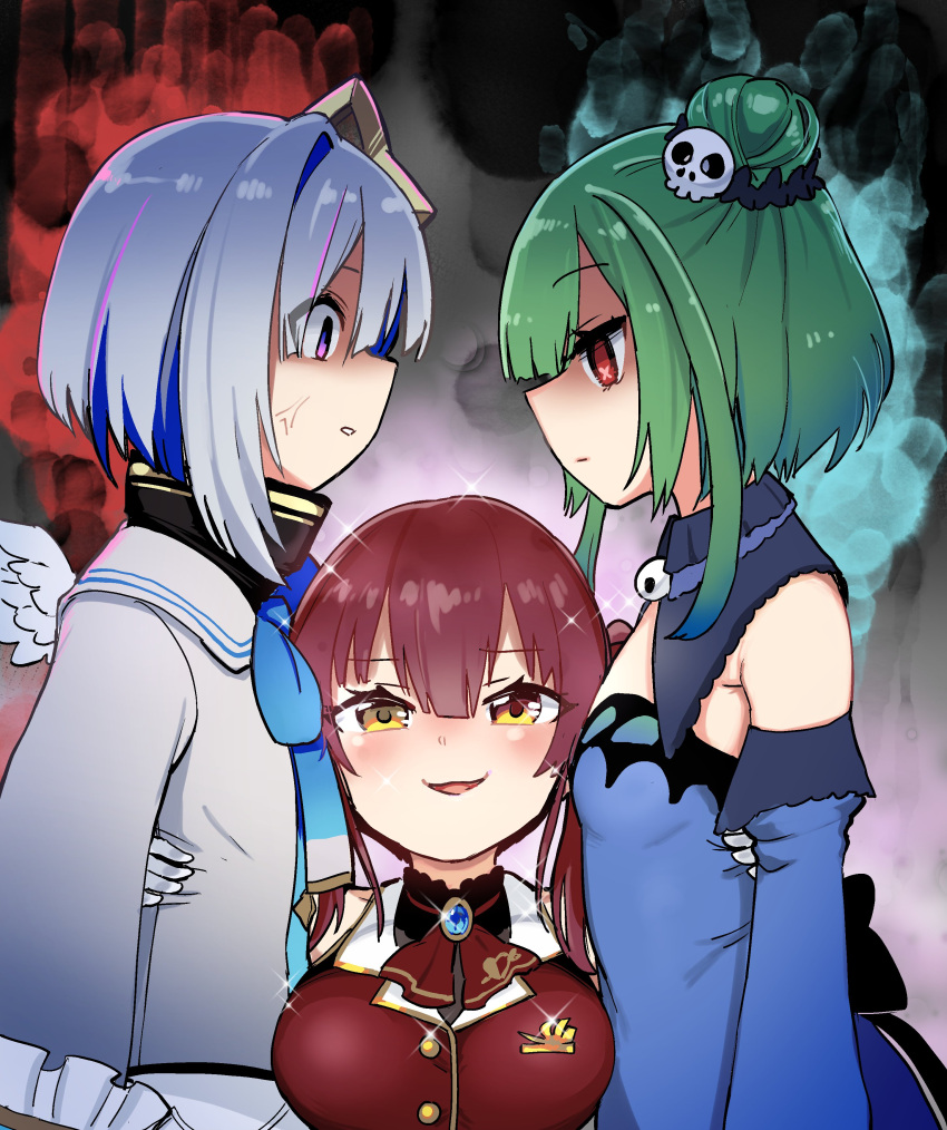 3girls :d absurdres amane_kanata amane_kanata_(1st_costume) angel_wings anger_vein angry aomushi_(mushamusha) aura blue_hair breast_conscious breasts commentary detached_sleeves empty_eyes eyes_visible_through_hair flat_chest girl_sandwich green_hair grey_hair hair_bun hair_ornament heterochromia highres hololive houshou_marine houshou_marine_(1st_costume) large_breasts multicolored_hair multiple_girls open_mouth pink_hair purple_eyes red_eyes red_hair sandwiched shaded_face single_hair_bun skull_hair_ornament small_breasts smile sparkle streaked_hair twintails uruha_rushia uruha_rushia_(1st_costume) virtual_youtuber wings yellow_eyes