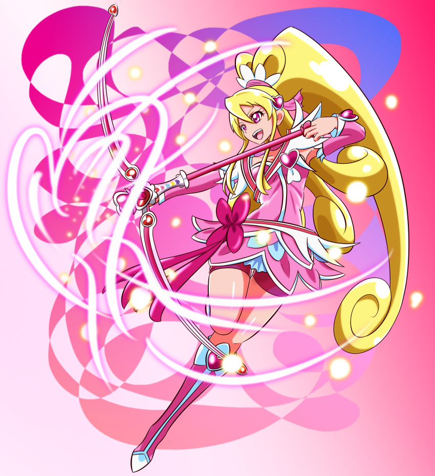 :d absurdres bebii blonde_hair bow bow_(weapon) cure_heart dokidoki!_precure dress female full_body heart highres long_hair pink_background pink_bow pink_dress pink_eyes precure smile standing standing_on_one_leg very_long_hair weapon