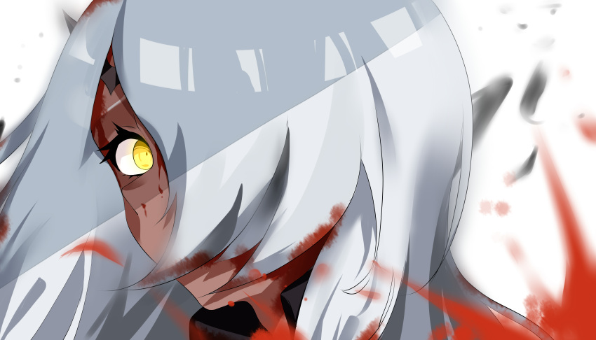 absurdres blood blood_in_hair blood_on_face blood_splatter blurry blurry_background dark_skin female guardian_tales hair_over_mouth hair_over_one_eye highres jsz. looking_at_another portrait princess_aisha serious sidelighting white_hair yellow_eyes