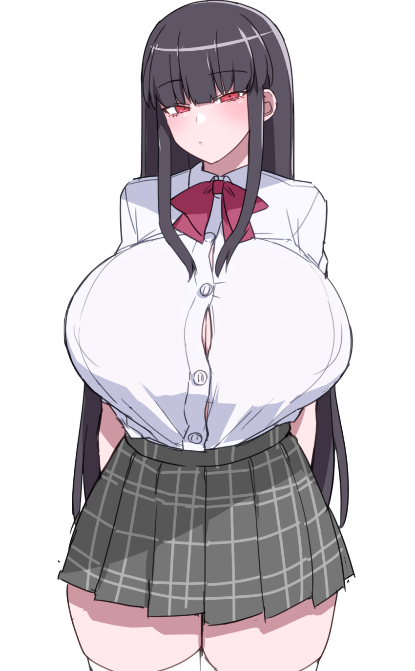 akitokage arms_behind_back black_hair bow bowtie breasts button_gap female highres huge_breasts long_hair original plaid plaid_skirt red_bow red_bowtie red_eyes shirt skirt solo tented_shirt thick_thighs thighhighs thighs white_shirt white_thighhighs zettai_ryouiki