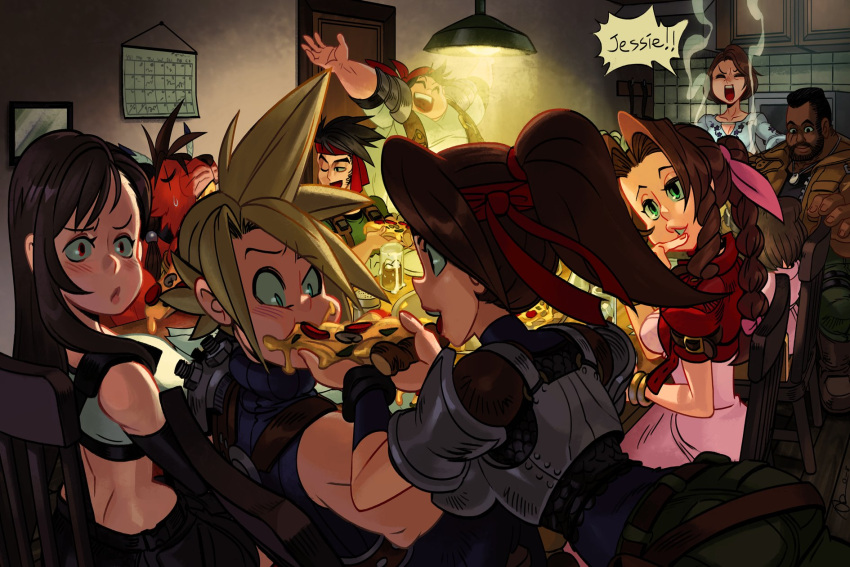 5girls aerith_gainsborough alex_ahad animal armor bandana bare_shoulders barret_wallace beard biggs_(ff7) black_gloves black_hair black_skirt black_undershirt blonde_hair blue_eyes blue_leotard blue_shirt blush braid braided_ponytail breastplate breasts brown_hair brown_vest calendar_(object) cloud_strife crop_top cropped_jacket dark-skinned_male dark_skin dining_room dress eating elbow_gloves facial_hair father_and_daughter feather_hair_ornament feathers final_fantasy final_fantasy_vii final_fantasy_vii_remake food full_mouth gloves green_eyes hair_ornament hair_ribbon headband highres holding holding_food holding_pizza indoors jacket jessie_rasberry leaning_forward leotard long_hair looking_at_another marlene_wallace medium_breasts midriff multiple_boys multiple_girls one_eye_closed open_mouth orange_fur parted_bangs parted_lips pink_dress pink_ribbon pizza ponytail pout red_bandana red_eyes red_headband red_jacket red_xiii ribbon scar scar_across_eye shirt short_hair short_sleeves shoulder_armor shouting sidelocks sitting skirt sleeveless sleeveless_turtleneck smile speech_bubble spiked_hair suspenders sweatdrop tifa_lockhart turtleneck undershirt underwear upper_body vest wedge_(ff7) white_shirt