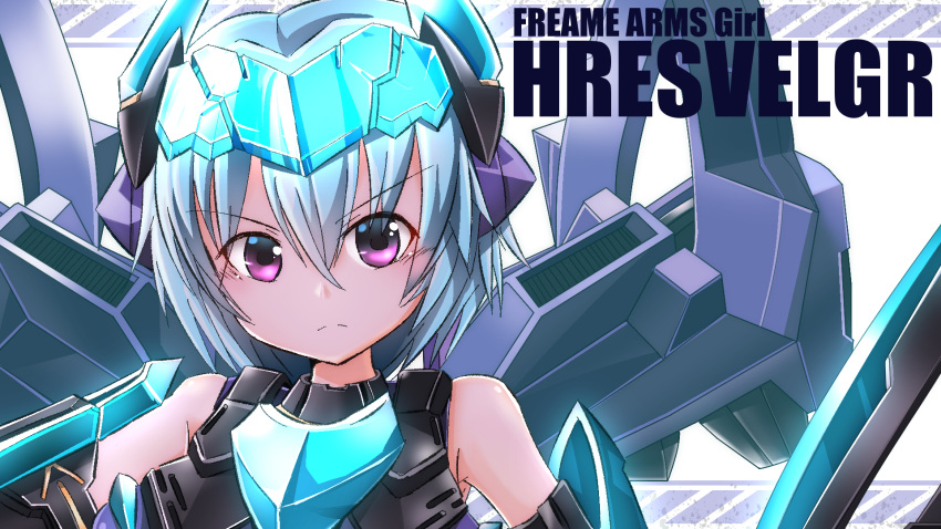 blue_hair character_name copyright_name eyewear_on_head female frame_arms_girl frown highres hresvelgr looking_at_viewer mecha_musume papa-kun_(destiny549-2) purple_eyes science_fiction short_hair solo v-shaped_eyebrows visor