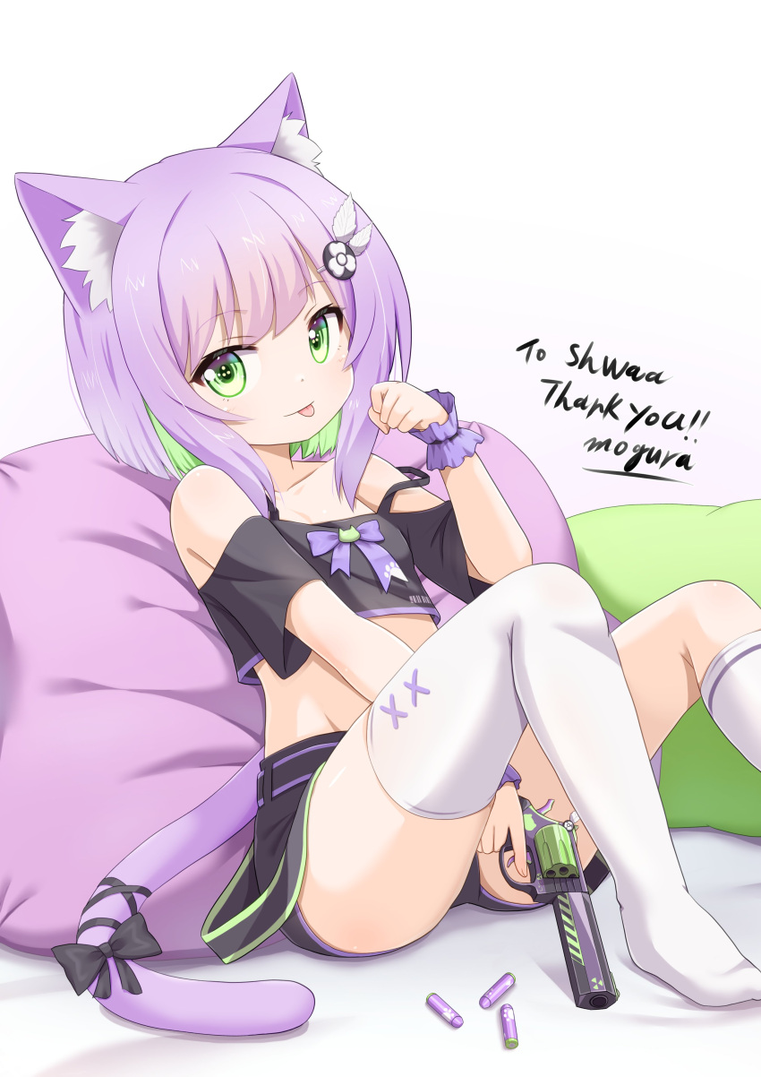 :p absurdres animal_ear_fluff animal_ears arm_up black_shirt black_shorts breasts cat_ears cat_girl cat_tail commission crop_top female green_eyes gun hair_ornament handgun highres indie_virtual_youtuber midriff mogura2009 paw_pose pillow purple_hair second-party_source shirt short_hair short_shorts short_sleeves shorts shwaa single_thighhigh sitting skeb_commission small_breasts smile solo strap_slip tail thighhighs thighs tongue tongue_out virtual_youtuber weapon white_thighhighs