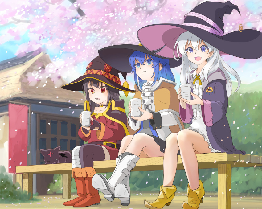 3girls asymmetrical_legwear bad_id bad_pixiv_id bandages belt bench black_cat blue_eyes blue_hair boots brooch brown_hair cape cherry_blossoms choker chomusuke coat commentary_request company_connection crossover cup elaina_(majo_no_tabitabi) feline fingerless_gloves frills gloves grey_hair hat highres holding holding_cup jewelry kadokawa kono_subarashii_sekai_ni_shukufuku_wo! long_hair long_sleeves majo_no_tabitabi megumin multiple_crossover multiple_girls mushoku_tensei red_eyes ribbon roxy_migurdia sabcoo shoes short_hair sitting tea trait_connection uneven_legwear witch witch_hat yunomi