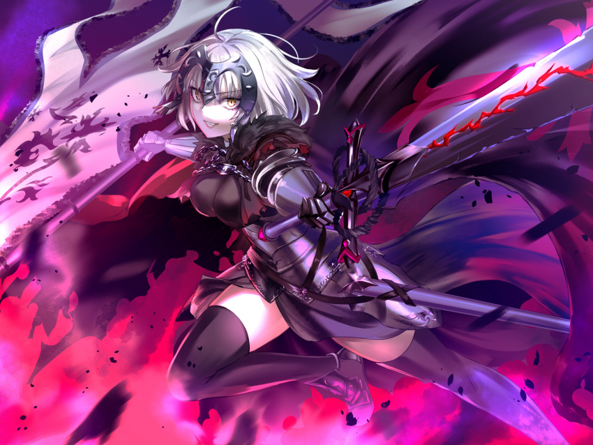 ahoge armor armored_dress black_cape black_dress black_thighhighs breasts cape chains commentary_request dress evil_grin evil_smile fate/grand_order fate_(series) female fire flag fur-trimmed_cape fur_trim gauntlets grin gyoza_(pi512126) headpiece highres holding holding_flag holding_sword holding_weapon jeanne_d'arc_alter_(avenger)_(fate) jeanne_d'arc_alter_(avenger)_(first_ascension)_(fate) jeanne_d'arc_alter_(fate) large_breasts looking_at_viewer partial_commentary plackart sheath short_hair smile solo standard_bearer sword teeth thighhighs torn_cape torn_clothes weapon white_flag white_hair yellow_eyes