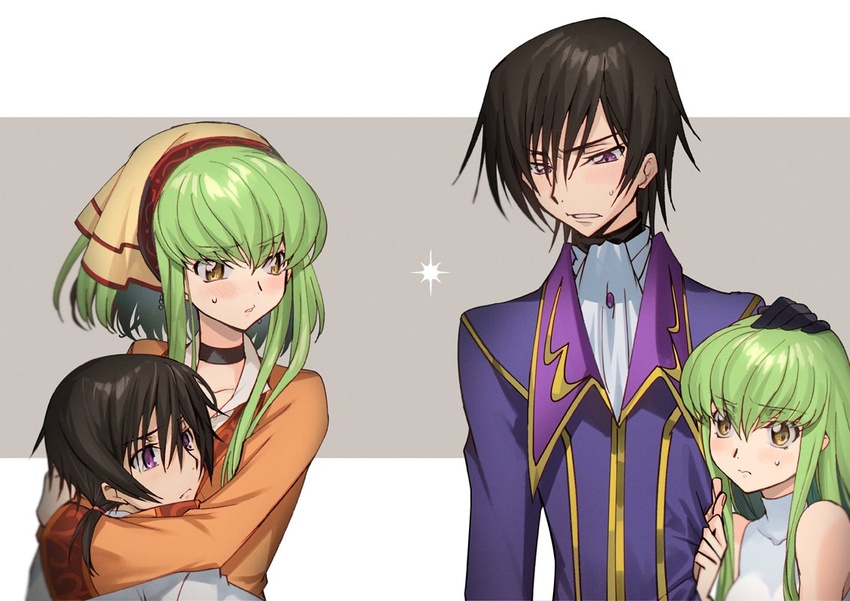 2boys 2girls aged_down arms_around_neck ascot bandana brown_hair c.c. choker clutching_clothes code_geass code_geass:_fukkatsu_no_lelouch creayus green_hair grey_background hair_between_eyes hand_on_another's_head hug jacket lelouch_vi_britannia long_hair multiple_boys multiple_girls orange_shirt parted_lips ponytail purple_eyes purple_jacket shirt short_hair sidelocks sweatdrop turtleneck upper_body white_shirt yellow_eyes