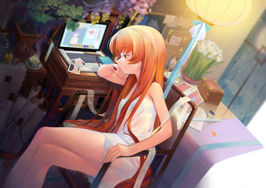 absurdres bad_id bad_twitter_id bare_legs bare_shoulders bonsai book camisole chair computer crossed_legs cup dress expressionless feet_out_of_frame female flower green_tea hair_down head_rest highres holding holding_pen inactive_account indoors jar kaede_(shijie_heping) lantern laptop long_hair orange_eyes orange_hair original panties pen photo_(object) profile ruler scissors scroll see-through see-through_dress shelf short_dress sitting sleeveless sleeveless_dress solo steam tea teacup teapot underwear very_long_hair white_camisole white_dress white_panties