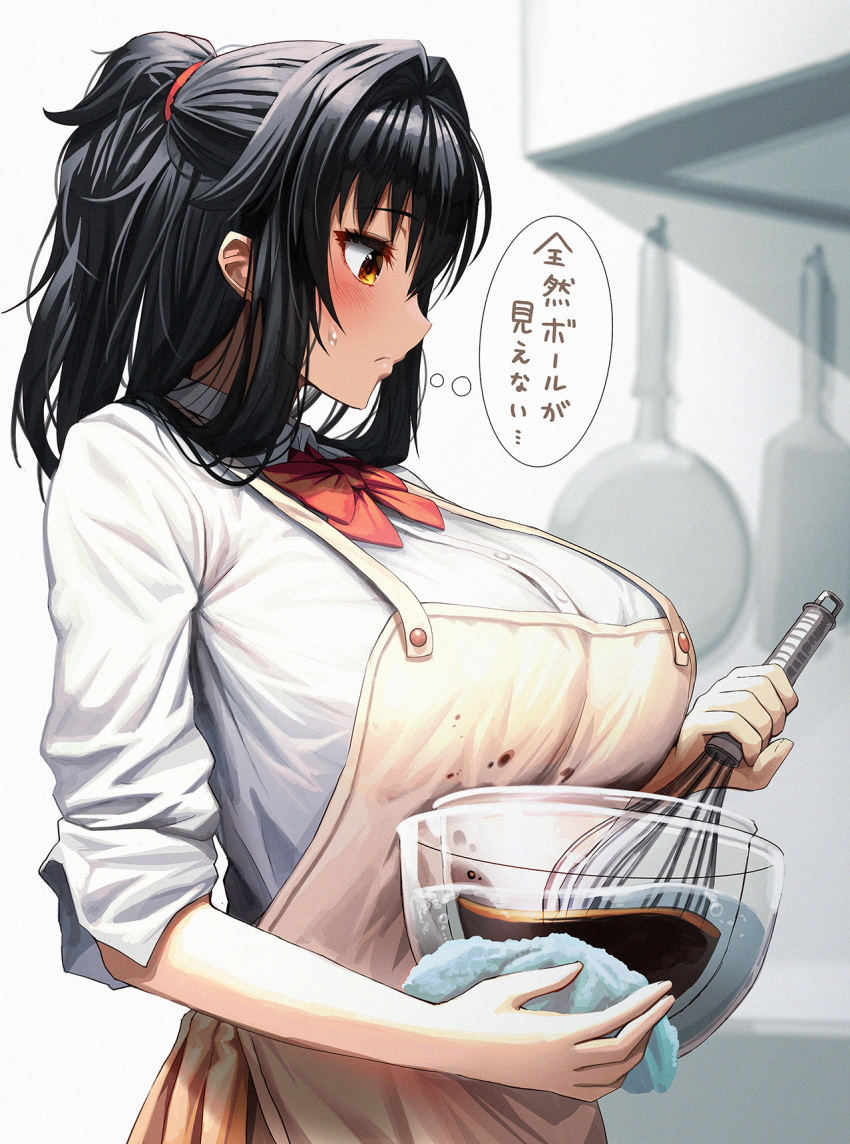 apron black_hair blush bow bowl bowtie breasts check_commentary chocolate closed_mouth commentary_request female fujiwara_yamato_(gibagiba) gibagiba highres holding holding_bowl inconvenient_breasts large_breasts orange_eyes original raglan_sleeves red_bow red_bowtie school_uniform shirt short_hair solo sweatdrop thought_bubble translated valentine white_shirt yellow_apron