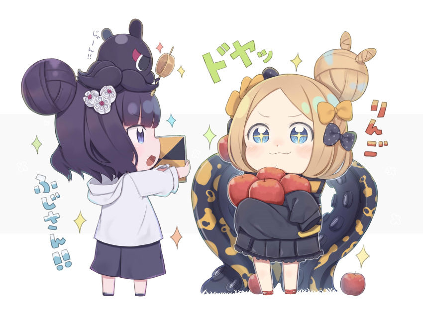 +_+ 2girls :3 :d abigail_williams_(fate) abigail_williams_(traveling_outfit)_(fate) animal_on_head apple black_bow black_footwear black_jacket black_shorts blue_eyes blush bow check_translation chibi closed_mouth commentary_request fate/grand_order fate_(series) food fruit grey_hoodie hair_bun hairbow highres hishaku hood hood_down hoodie hugging_object jacket katsushika_hokusai_(fate) katsushika_hokusai_(traveling_outfit)_(fate) light_brown_hair long_sleeves multiple_girls octopus official_alternate_costume on_head open_mouth orange_bow parted_bangs polka_dot polka_dot_bow profile red_apple red_footwear shorts simple_background single_hair_bun sleeves_past_fingers sleeves_past_wrists smile sparkle standing suction_cups tentacle tokitarou_(fate) totatokeke translation_request white_background