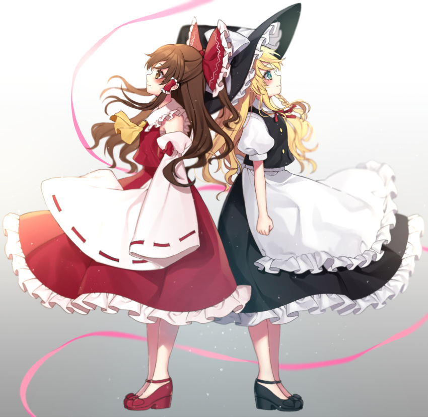 2girls apron ascot black_footwear black_skirt blonde_hair blue_eyes bow braid brown_eyes brown_hair detached_sleeves frilled_bow frills full_body gradient_background hair_tubes hairbow hakurei_reimu hat hat_bow highres kirisame_marisa kyouda_suzuka long_hair multiple_girls neck_ribbon petticoat platform_footwear platform_heels puffy_short_sleeves puffy_sleeves red_bow red_footwear red_ribbon red_shirt red_skirt ribbon shirt short_sleeves single_braid skirt touhou vest waist_apron witch_hat yellow_ascot