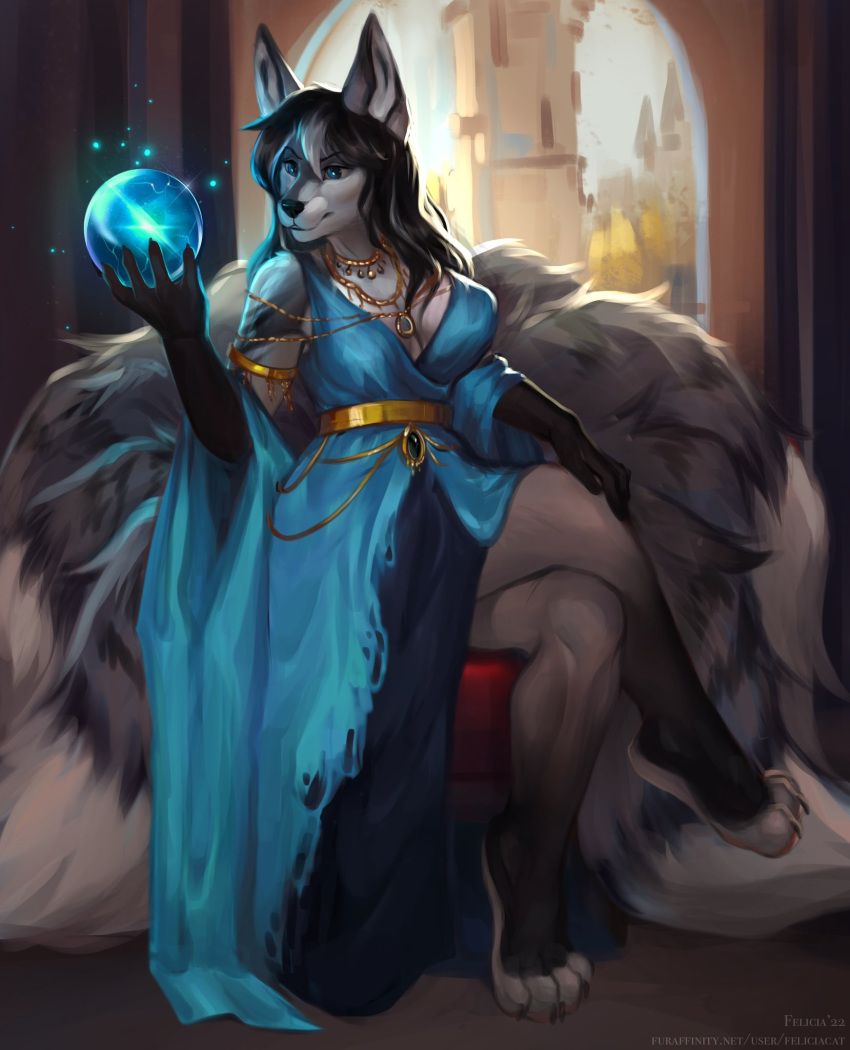 2022 5d anthro black_hair blue_eyes breasts canid canine clothed clothing digital_media_(artwork) eyebrows eyelashes felicia_cat female fox hair hi_res long_tail mammal multi_tail sitting smile solo tail