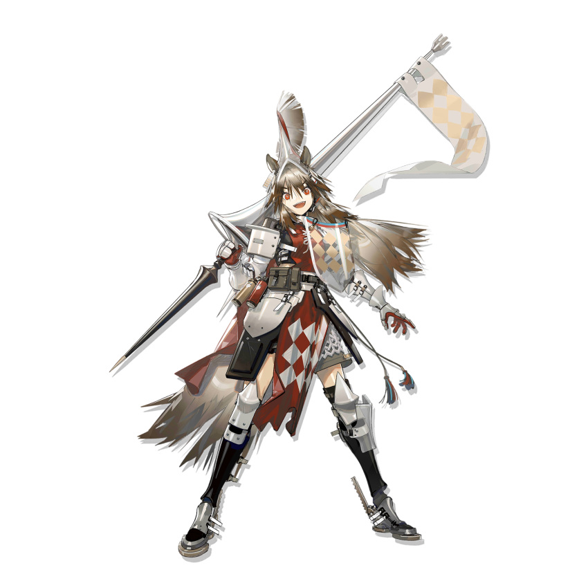 :d animal_ears arknights female full_body grey_hair highres holding holding_polearm holding_weapon knee_guards lance long_hair looking_at_viewer norizc official_art polearm pouch red_eyes red_tunic shield smile solo standing tachi-e transparent_background tunic vambraces weapon wild_mane_(arknights)