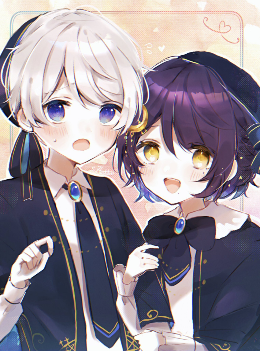 2boys blonde_hair blue_eyes blush collared_shirt commentary grabbing_another's_hand grey_hair hat highres hoshiduki_sorato long_sleeves looking_at_viewer male_focus mole mole_under_eye multiple_boys necktie open_mouth original purple_hair shirt short_hair sweatdrop swept_bangs symbol-only_commentary upper_body white_hair