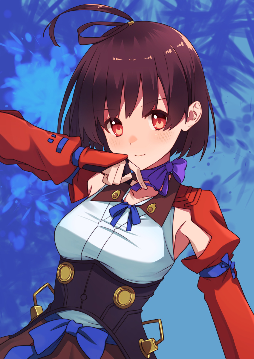 07nono06 absurdres ahoge blue_background blue_ribbon blue_sash blush breasts brown_hair choker closed_mouth commentary female hand_up highres japanese_clothes kimono koutetsujou_no_kabaneri long_sleeves looking_at_viewer medium_breasts mumei_(kabaneri) purple_ribbon red_eyes red_skirt ribbon ribbon_choker sash short_hair skirt smile solo upper_body white_kimono