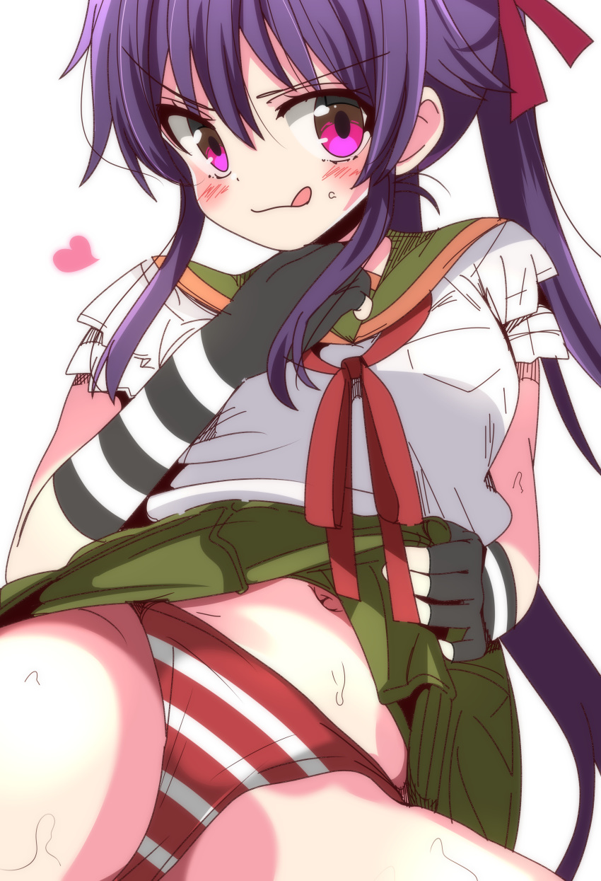 :q absurdres bad_id bad_pixiv_id black_gloves blush ebisuzawa_kurumi female fingerless_gloves gakkou_gurashi! gloves green_sailor_collar green_skirt heart highres long_hair looking_at_viewer megurigaoka_high_school_uniform navel neck_ribbon panties pink_eyes purple_hair red_panties red_ribbon ribbon sailor_collar school_uniform simple_background sinakyo skirt solo striped_clothes striped_gloves striped_panties sweat tongue tongue_out twintails underwear white_background