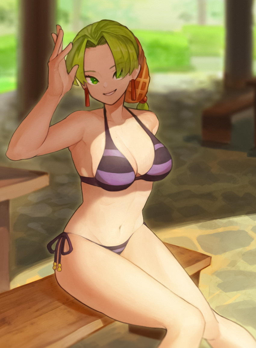 aoyuzuaoyuzu bare_shoulders bikini blue_eyes breasts collarbone earrings female grandia grandia_i green_hair hair_net highres jewelry lily_(grandia) long_hair looking_at_viewer navel smile solo swimsuit