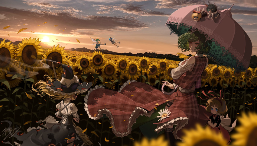 6+girls blonde_hair blue_eyes blue_hair broom cirno cloud daiyousei fairy field floating_hair flower flower_field flying garden_of_the_sun green_hair hat highres holding holding_broom holding_umbrella kamitoge_supino kazami_yuuka kirisame_marisa looking_to_the_side medicine_melancholy multiple_girls parasol red_eyes short_hair sky su-san sunflower sunflower_field sunset touhou umbrella witch_hat wriggle_nightbug yellow_flower