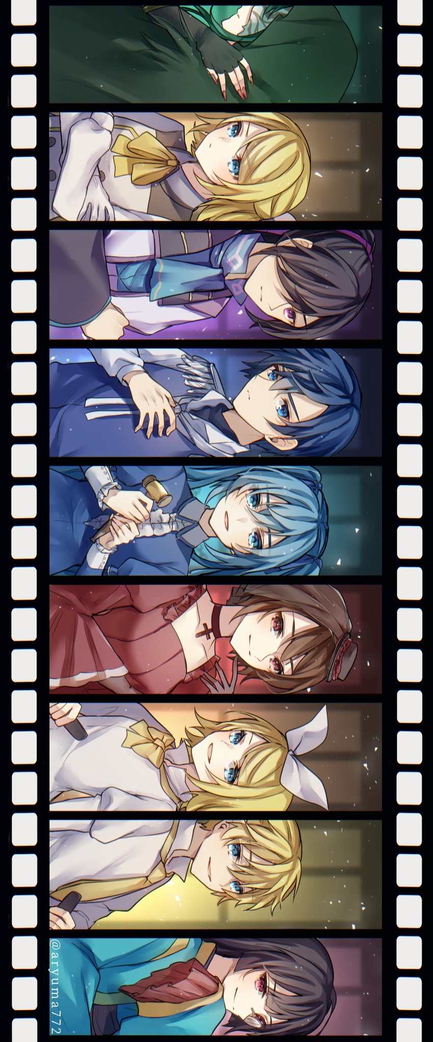 3boys 6+girls absurdres adam_moonlit alternate_hair_color aqua_eyes aqua_hair aqua_kimono arte_(evillious_nendaiki) aryuma772 ascot banica_conchita black_gloves blonde_hair blue_dress blue_eyes blue_hair blue_jacket bow bowtie breasts brown_hair buttons chaban_capriccio_(vocaloid) choker cloak collarbone cross cross_choker crossed_arms double-breasted dress epaulettes evillious_nendaiki film_border fingerless_gloves flat_chest frilled_cuffs frilled_sleeves frills fringe_trim gammon_octo gavel gear_(evillious_nendaiki) gloves gumi gumillia hairbow hammer hand_on_own_chin hat hatsune_miku highres holding holding_hammer holding_knife houtei_no_nushi jacket japanese_clothes kagamine_len kagamine_rin kaito_(vocaloid) kamui_gakupo kimono knife large_breasts lilith_baldured lineup ma_(evillious_nendaiki) mask megurine_luka meiko_(vocaloid) mini_hat multiple_boys multiple_girls neck_ribbon necktie open_collar pink_eyes pollo_(evillious_nendaiki) red_dress red_eyes red_nails ribbon shirt short_hair sidelocks sideways sleeveless sleeveless_jacket swept_bangs twintails twitter_username veil very_long_fingernails very_long_sleeves vocaloid waitress white_bow white_dress white_shirt wide_sleeves yellow_bow yellow_bowtie yellow_necktie yellow_ribbon