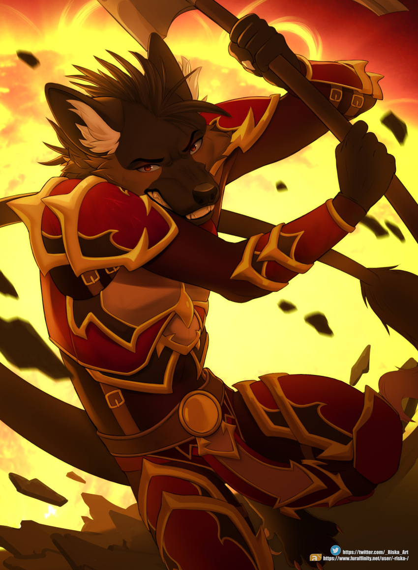 2020 absurd_res angry anthro armor axe belt black_nose brown_body brown_fur claws clenched_teeth clothed clothing crouching detailed_background determined dutch_angle earthquake explosion fighting_pose fire fur gold_(metal) gold_armor gold_clothing hair hi_res holding_object holding_weapon hybrid hyena inner_ear_fluff leather leather_armor leather_clothing looking_at_viewer male male_anthro mammal melee_weapon multicolored_body multicolored_fur pose red_armor red_clothing red_eyes riska_(artist) short_hair solo suspenders tail tail_tuft teeth text tuft url weapon white_tuft