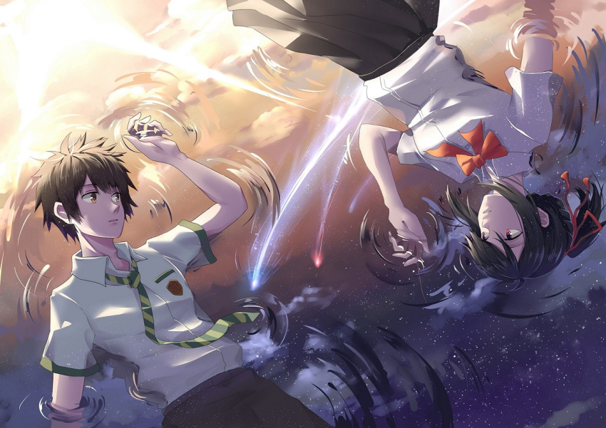 1boy black_hair black_pants black_skirt bow bowtie commentary_request dress_shirt eye_contact female from_above hair_ribbon kimi_no_na_wa. looking_at_another lying miyamizu_mitsuha necktie on_back pants parted_lips pleated_skirt ponytail red_bow red_eyes red_ribbon reflection reflective_water ribbon school_uniform shirt short_sleeves skirt striped striped_necktie tachibana_taki white_shirt yumuto_(spring1786)