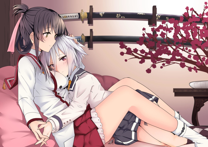 2girls artist_request bare_legs black_hair black_skirt blush breast_press breasts closed_mouth couple female green_eyes indoors itomi_sayaka legs long_sleeves looking_at_another looking_at_breasts looking_down lying medium_breasts multiple_girls pleated_skirt purple_eyes red_skirt school_uniform short_hair silver_hair skirt smile toji_no_miko yanase_mai yuri