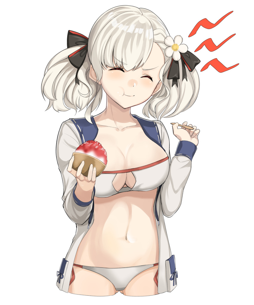 absurdres alternate_costume bikini black_ribbon blush bowl brain_freeze breasts cleavage closed_eyes closed_mouth collarbone commentary cropped_legs eyes_visible_through_hair facing_viewer female food full_mouth girls'_frontline groin hair_ribbon highres holding holding_bowl holding_spoon jacket large_breasts long_hair navel official_alternate_costume ohihil open_clothes open_jacket ribbon shaved_ice sidelocks simple_background solo spas-12_(girls'_frontline) spas-12_(midsummer_fruit)_(girls'_frontline) spoon stomach swimsuit twintails white_background white_bikini white_hair