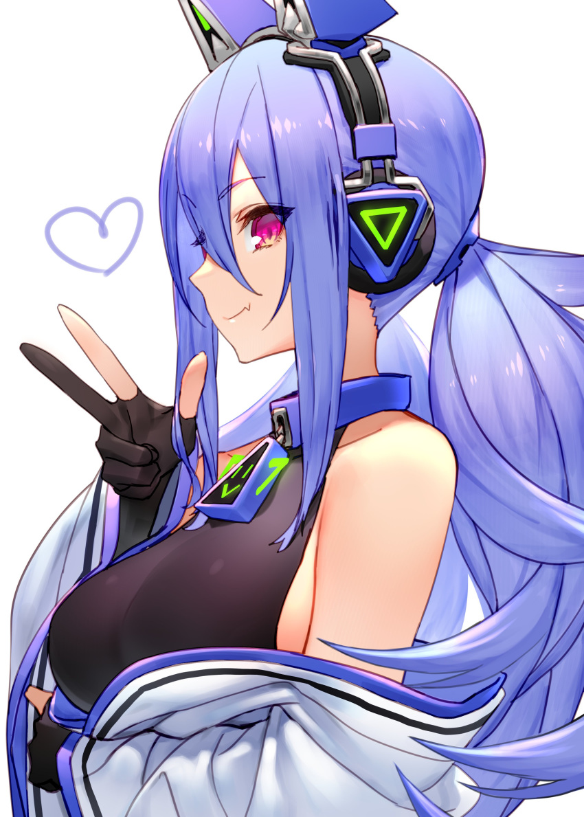 absurdres alternate_breast_size bare_shoulders black_gloves black_shirt blue_collar blue_hair breasts closed_mouth collar commentary detached_sleeves fang_out female from_side gloves hair_between_eyes headphones heart highres iriam izumi_sai large_breasts long_hair long_sleeves looking_at_viewer low_twintails oerba_yun_fang partially_fingerless_gloves red_eyes shirt sideboob sidelocks simple_background smile solo tsumugi_nia twintails upper_body virtual_youtuber w white_background wide_sleeves