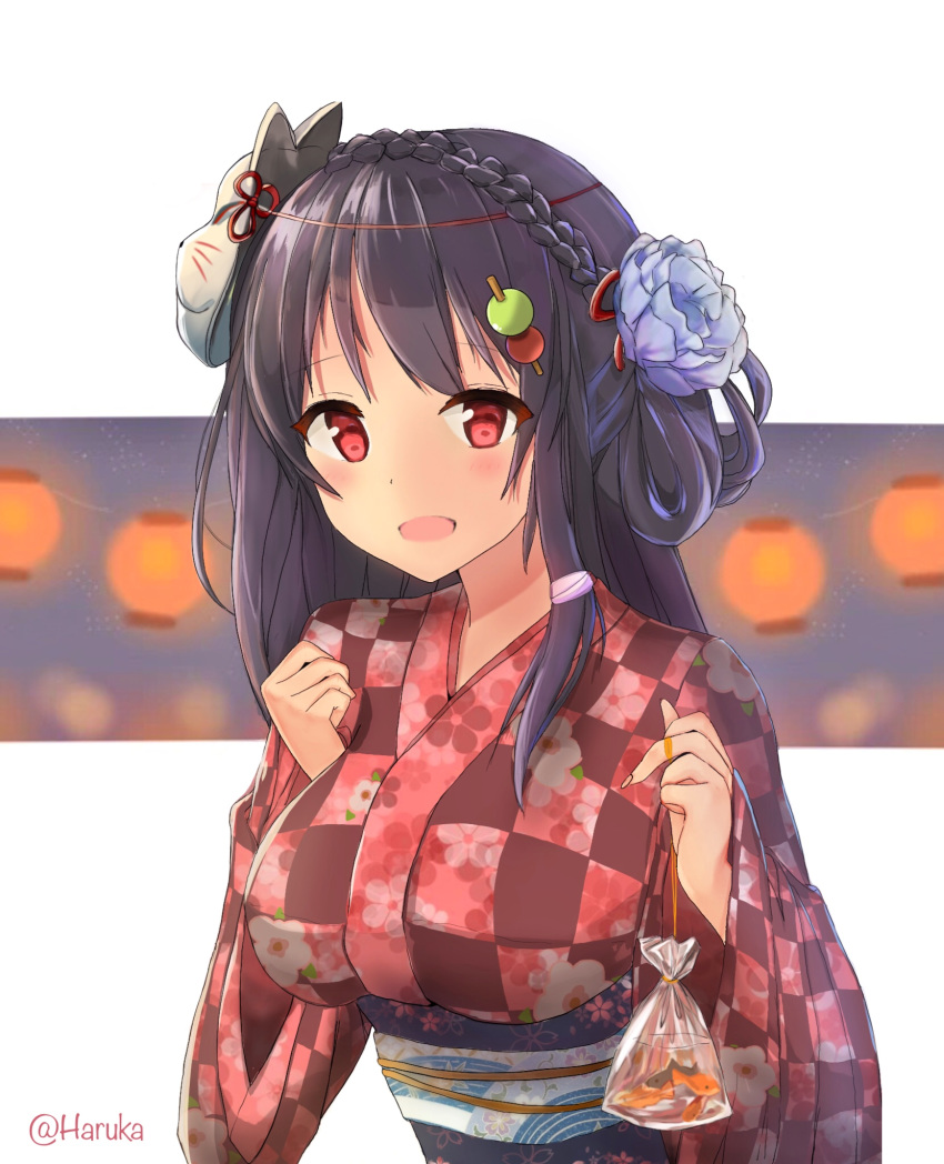 :d artist_name bag bagged_fish black_hair blue_flower blush braid checkered_clothes checkered_kimono commentary_request dango_hair_ornament female fish floral_print flower food-themed_hair_ornament fox_mask french_braid hair_flower hair_ornament haruka_poi highres holding holding_bag japanese_clothes kantai_collection kimono long_hair looking_at_viewer mask mask_on_head obi open_mouth plastic_bag print_kimono red_eyes red_kimono sash smile solo taigei_(kancolle) upper_body yukata