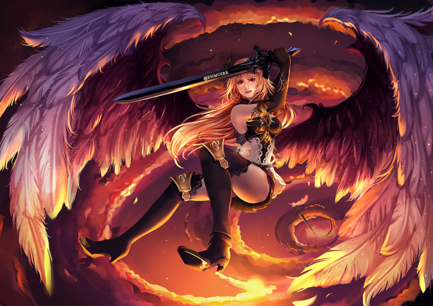 black_footwear black_gloves blonde_hair boots breasts commentary_request dark_angel_olivia elbow_gloves enmoire female gloves granblue_fantasy high_heel_boots high_heels holding holding_sword holding_weapon horns long_hair looking_at_viewer medium_breasts photoshop_(medium) red_eyes shingeki_no_bahamut solo swept_bangs sword thigh_boots thighhighs twitter_username very_long_hair weapon wings