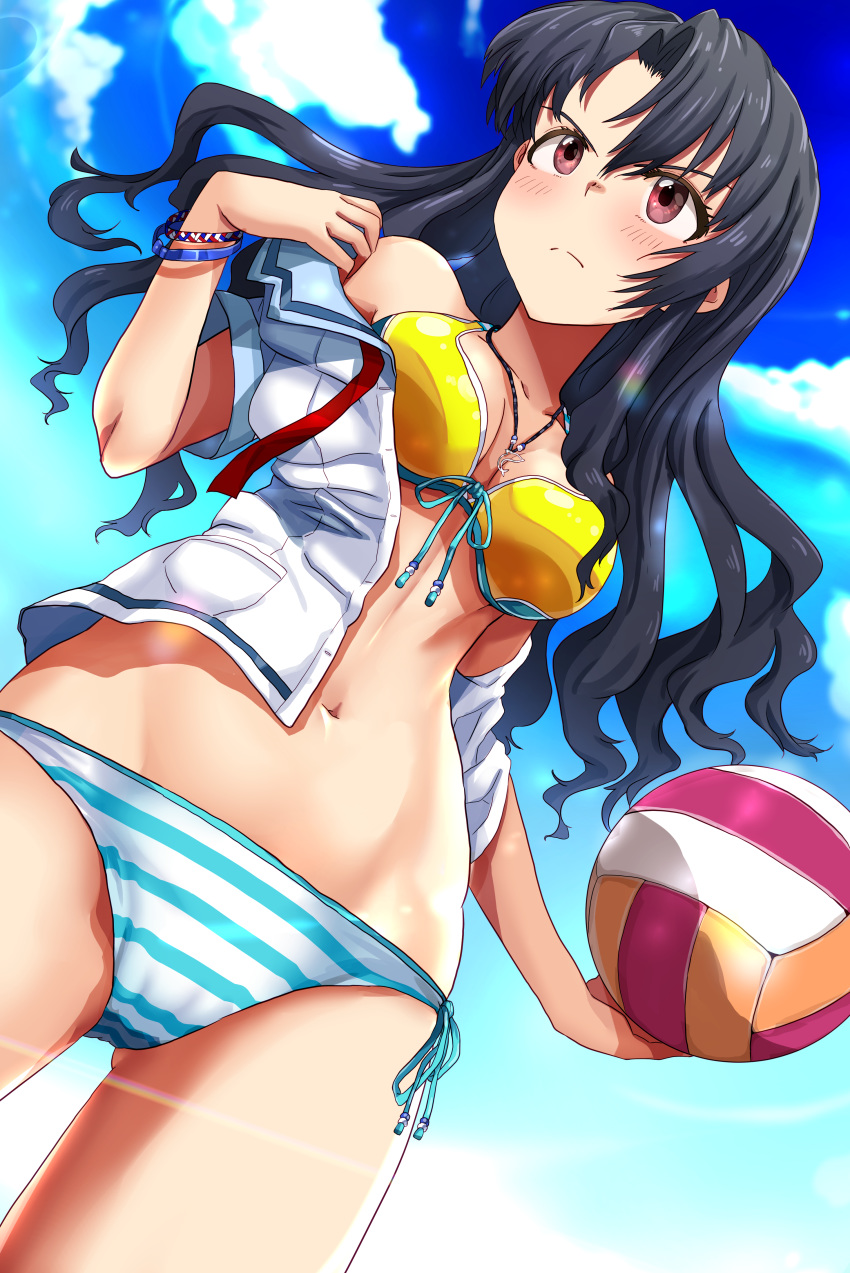 >:( absurdres ass_visible_through_thighs bad_id bad_pixiv_id ball bare_shoulders bikini black_hair blue_sky blush bracelet breasts closed_mouth cloud collarbone collared_shirt commentary_request cowboy_shot day dolphin_pendant dress_shirt dutch_angle female floating_hair from_below front-tie_bikini_top front-tie_top hair_between_eyes halterneck hand_up highres holding holding_ball idolmaster idolmaster_million_live! idolmaster_million_live!_theater_days jewelry lens_flare long_hair looking_away medium_breasts mismatched_bikini navel necklace no_eyewear off_shoulder open_clothes open_shirt outdoors pendant red_eyes run_p_(aveton) serious shirt short_sleeves side-tie_bikini_bottom sky solo standing stomach striped_bikini striped_clothes swimsuit takayama_sayoko undressing v-shaped_eyebrows volleyball volleyball_(object) white_shirt yellow_bikini