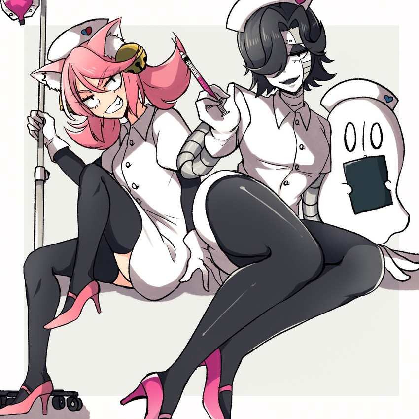 androgynous android animal_ears black_hair cat_ears female hat high_heels mad_mew_mew magical_girl mettaton napstablook nurse_cap nurse_uniform pink_hair tail thighhighs undertale