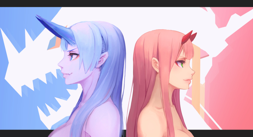 2girls back-to-back bad_id bad_pixiv_id blue_eyes blue_hair blue_horns breasts closed_mouth darling_in_the_franxx dragon_girl dragon_horns elatius_the_anchorwielder green_eyes highres horns large_breasts letterboxed lips long_hair medium_breasts multiple_girls nude oerba_yun_fang oni_horns original pink_hair red_horns smile straight_hair upper_body uusquid zero_two_(darling_in_the_franxx)