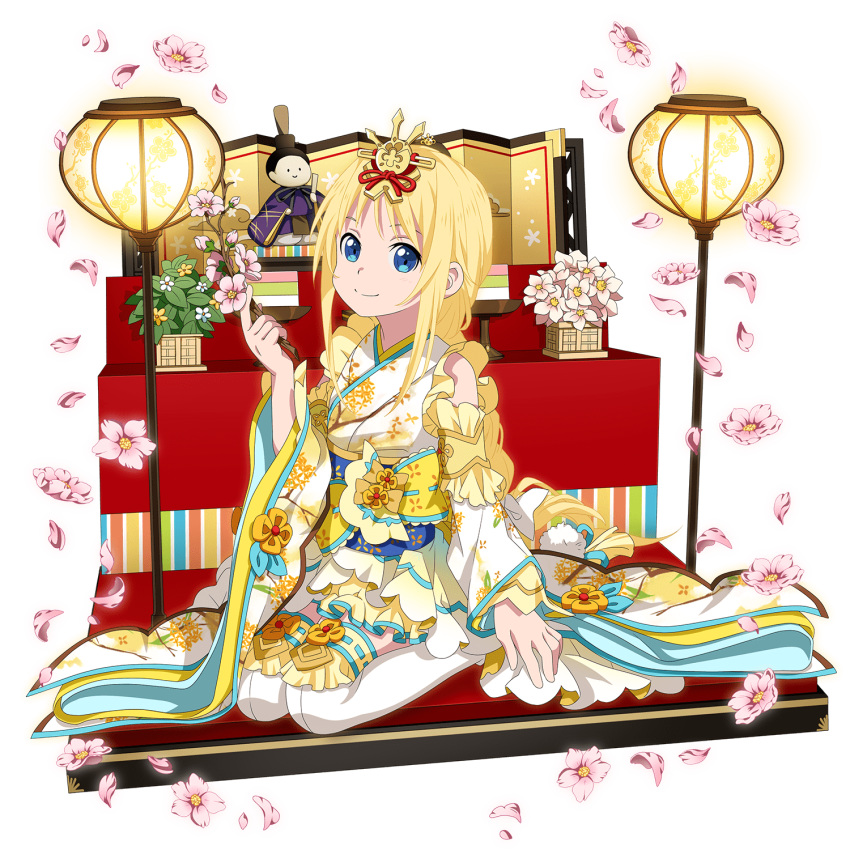 aged_down alice_zuberg bad_id blonde_hair blue_eyes braid braided_ponytail detached_sleeves female floral_print flower full_body hair_ribbon highres hina_ningyou hinadan hinamatsuri hirabitai hishimochi holding japanese_clothes kimono kneeling long_hair long_sleeves looking_at_viewer miniskirt petals pink_flower print_kimono ribbon saishi single_braid skirt sleeveless sleeveless_kimono smile solo sword_art_online thighhighs transparent_background very_long_hair white_sleeves white_thighhighs yellow_skirt zettai_ryouiki